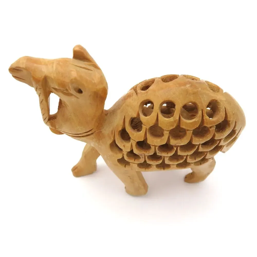 Vintage Hand Carved Wood Camel Figurine w Baby Camel Inside Pierced Carving